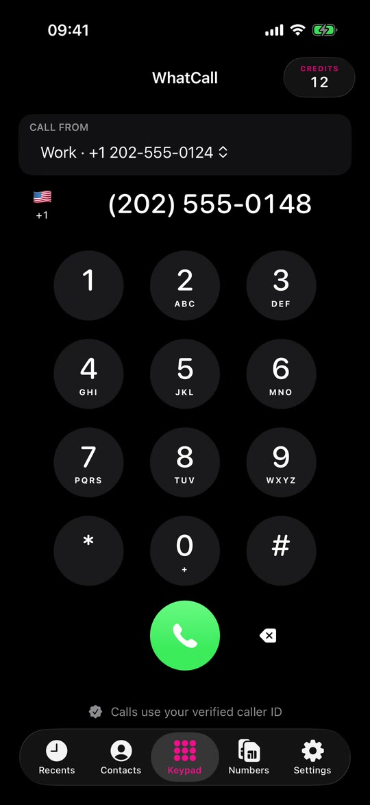 Full WhatCall keypad with a selected caller number, example destination, call button and bottom tabs